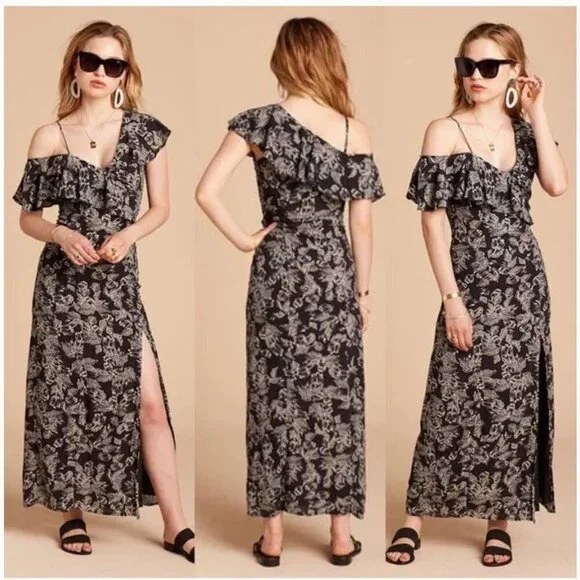 Amuse Society Black & White Floral Asymmetric Cold Shoulder Maxi Dress Large L - Picture 14 of 14